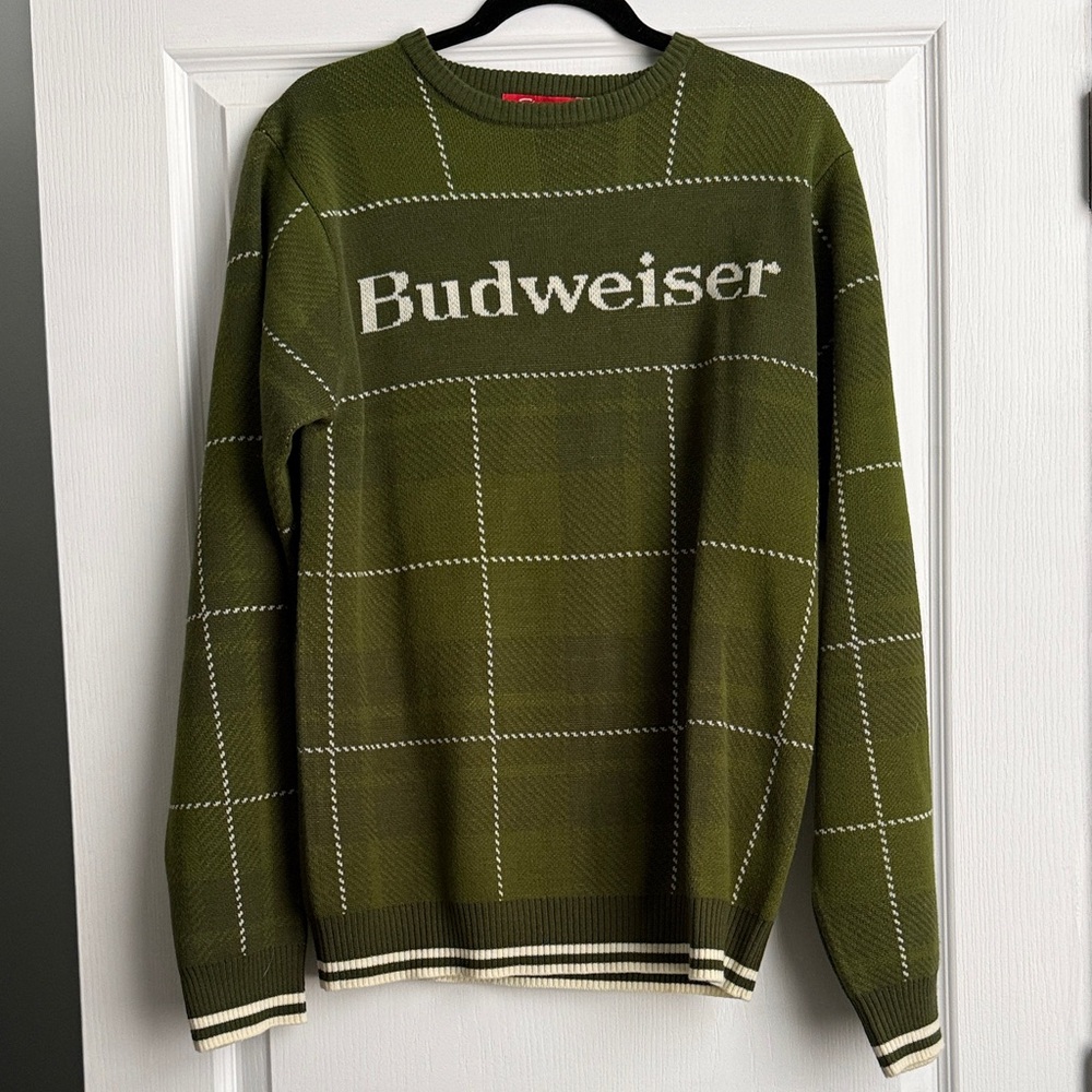 Budweiser Green Checkered Men's Crewneck Sweater